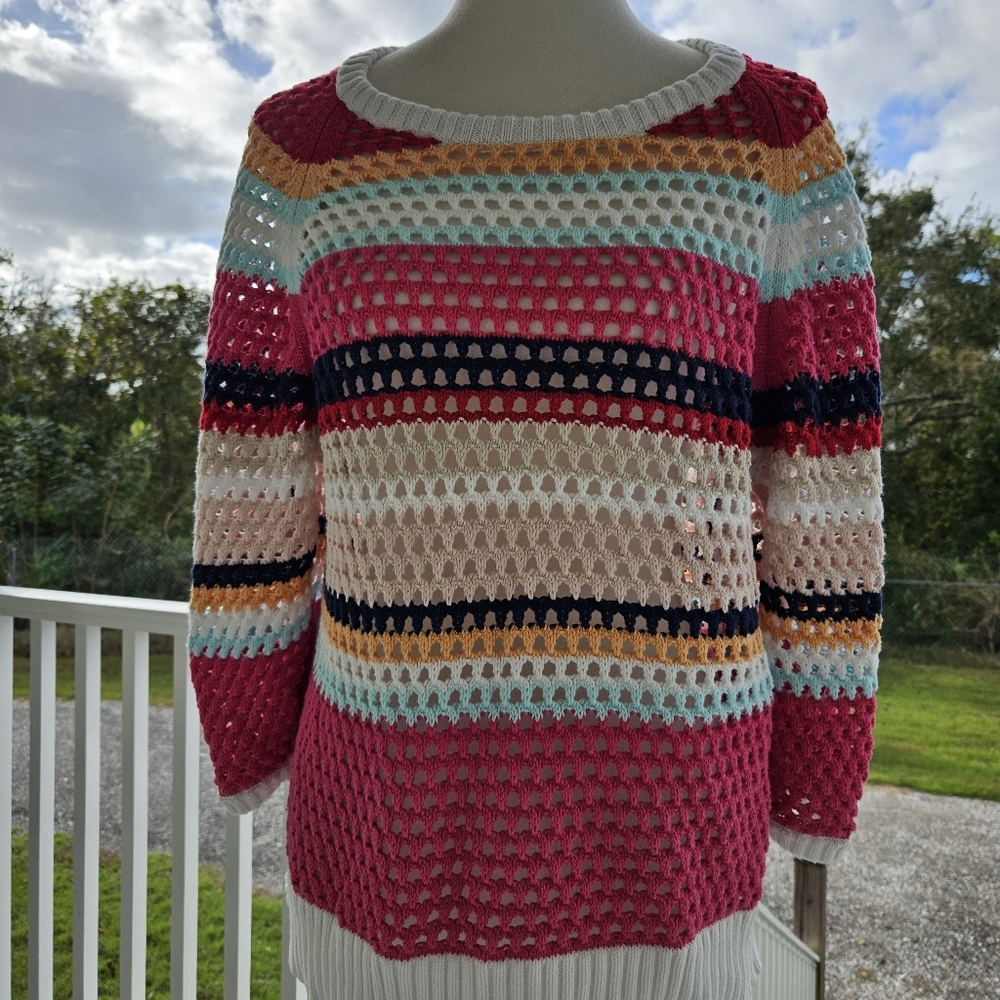Tribal Multicolor Striped Open Knit Pullover Crochet Sweater XL Cotton Layering